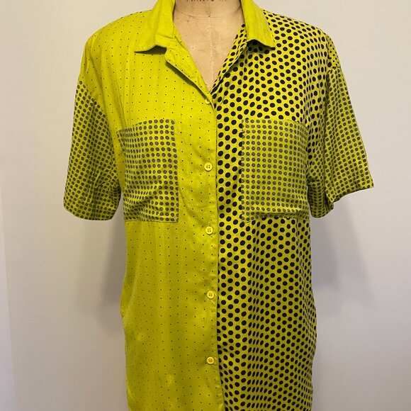 Vintage 1980s 90s Polka Dot Funky Rayon Lime Green Brat Summer Button Up Blouse - Picture 7 of 16